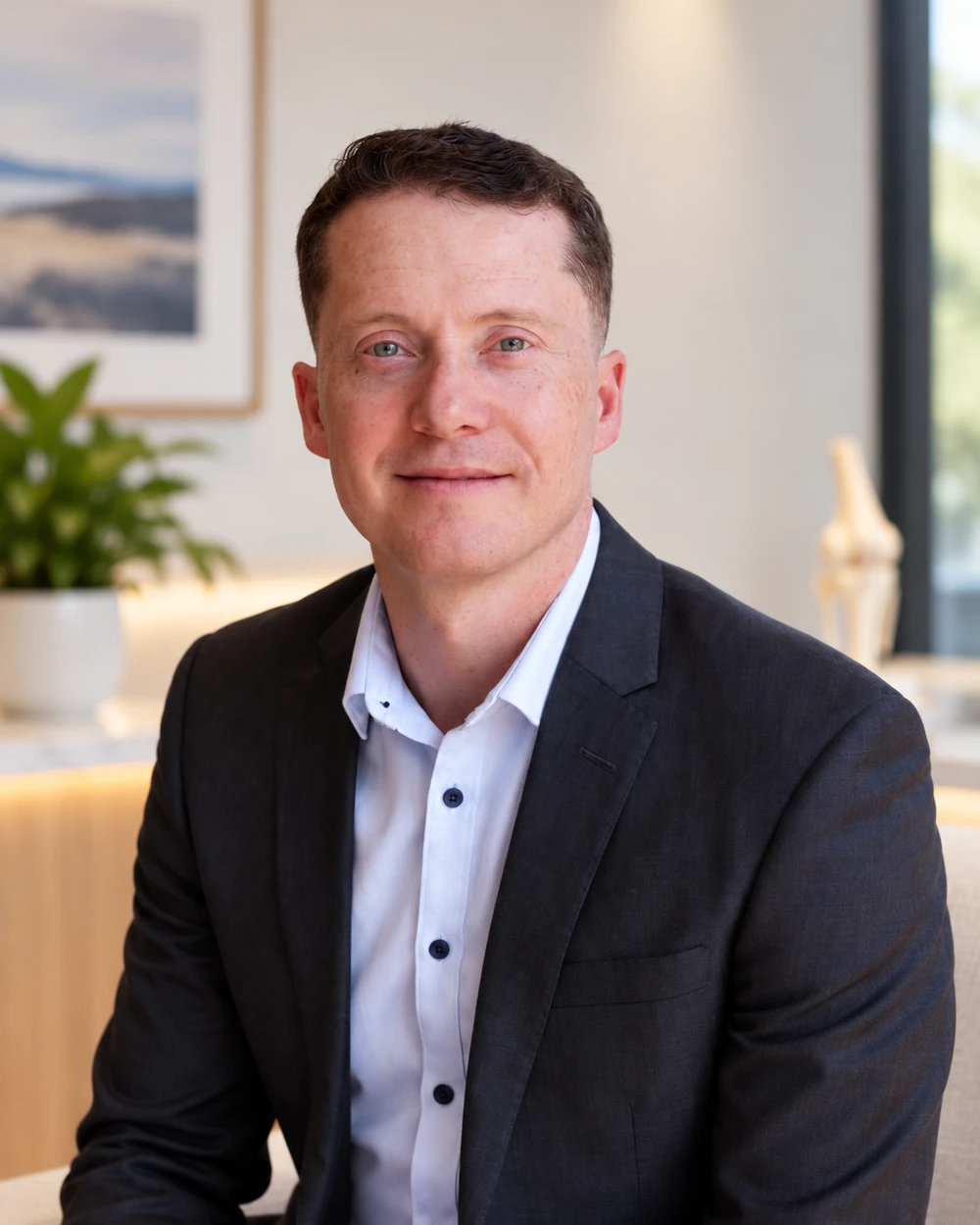 Dr Rob Cooper in his consulting rooms, wearing a navy suit and open-collared white shirt